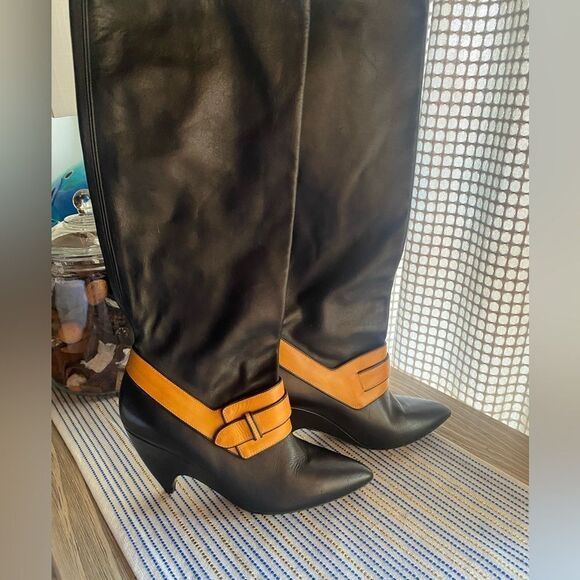 BALENCIAGA Leather Boots Womens Size 38 Black Heels Camel Strap authentic - Picture 14 of 14